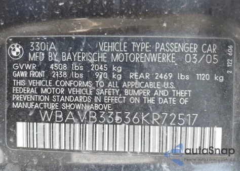 2006 BMW 330I from USA, damaged, VIN WBAVB33536KR72517